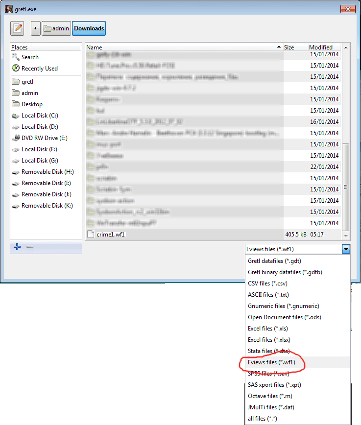 Select WF1 file types in gretl open dialogue