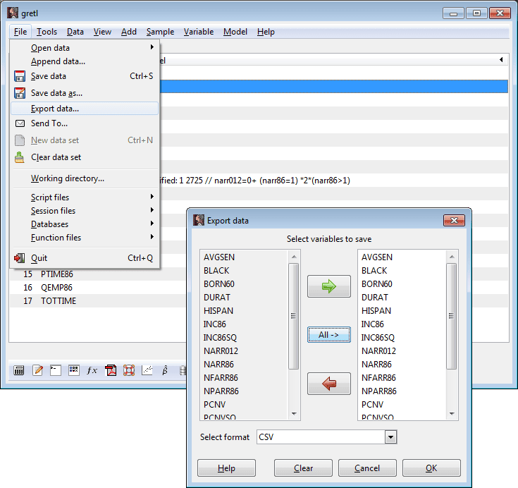 Select all variables to save during the export